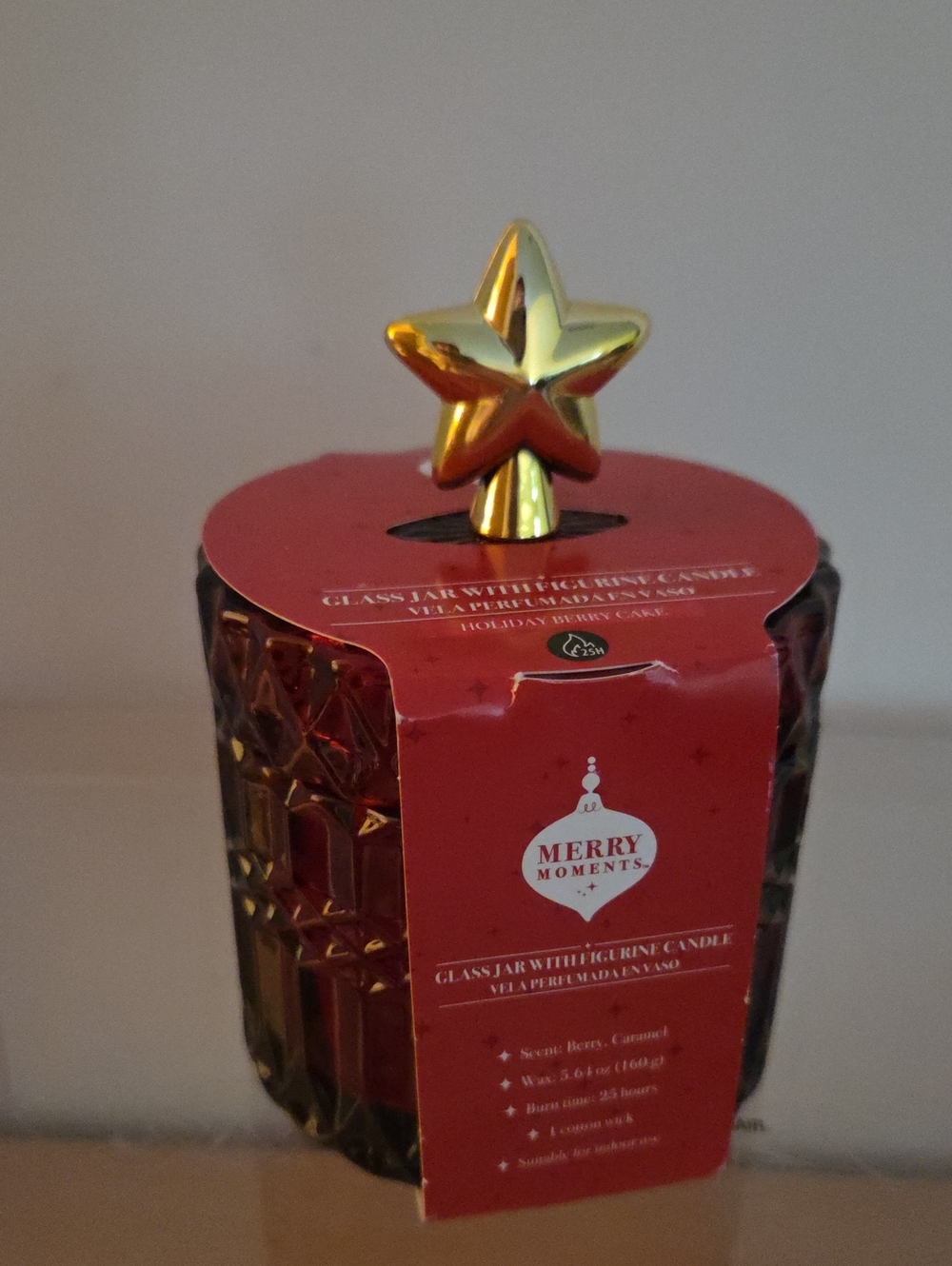 Merry Moments NWT Red Glass Jar Candle with Gold Star Lid